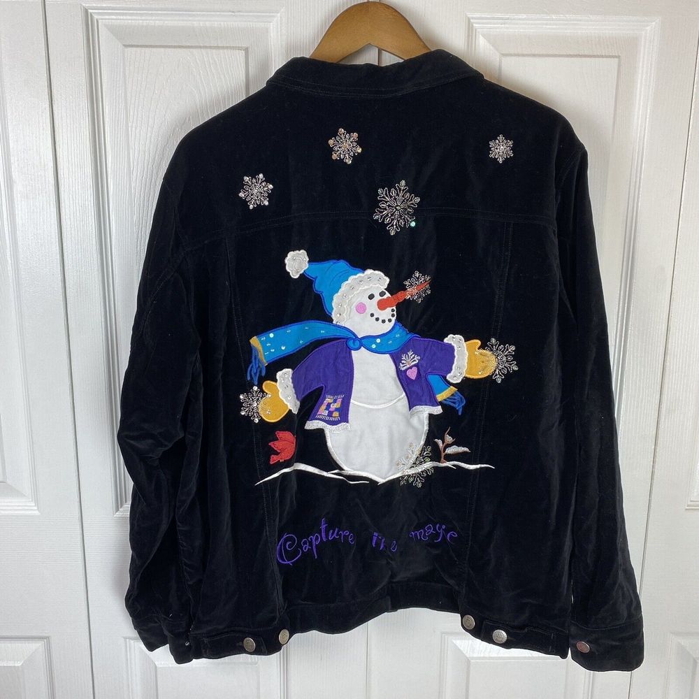 The Quacker Factory Velvet Jacket Button Bomber Trucker Embroidered Snowman